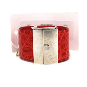 CELINE Manchette Silver Cuff Bracelet Red Python Embossed Leather S NEW Italy